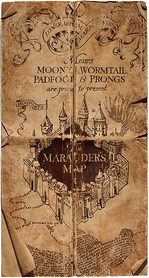 The Marauder's Map from Harry Potter featuring Hogwarts Castle and the creators' names on aged parchment HD phone wallpaper