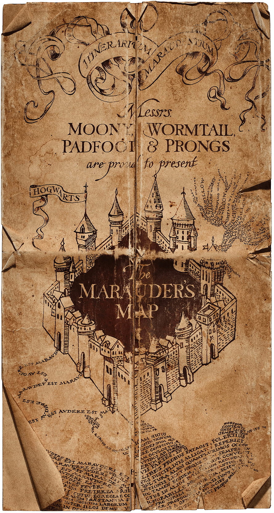 The Marauder's Map from Harry Potter featuring Hogwarts Castle and the creators' names on aged parchment HD phone wallpaper