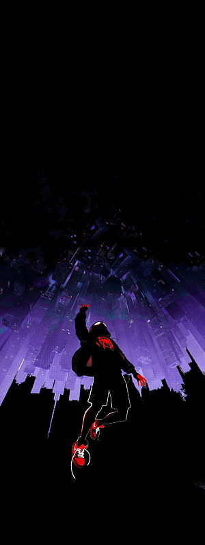 Miles Morales Spider-Man 2099 Silhouette Leaping Over Neon Cyberpunk Cityscape, Into The Spider Verse Amoled, Spiderman Amoled HD phone wallpaper