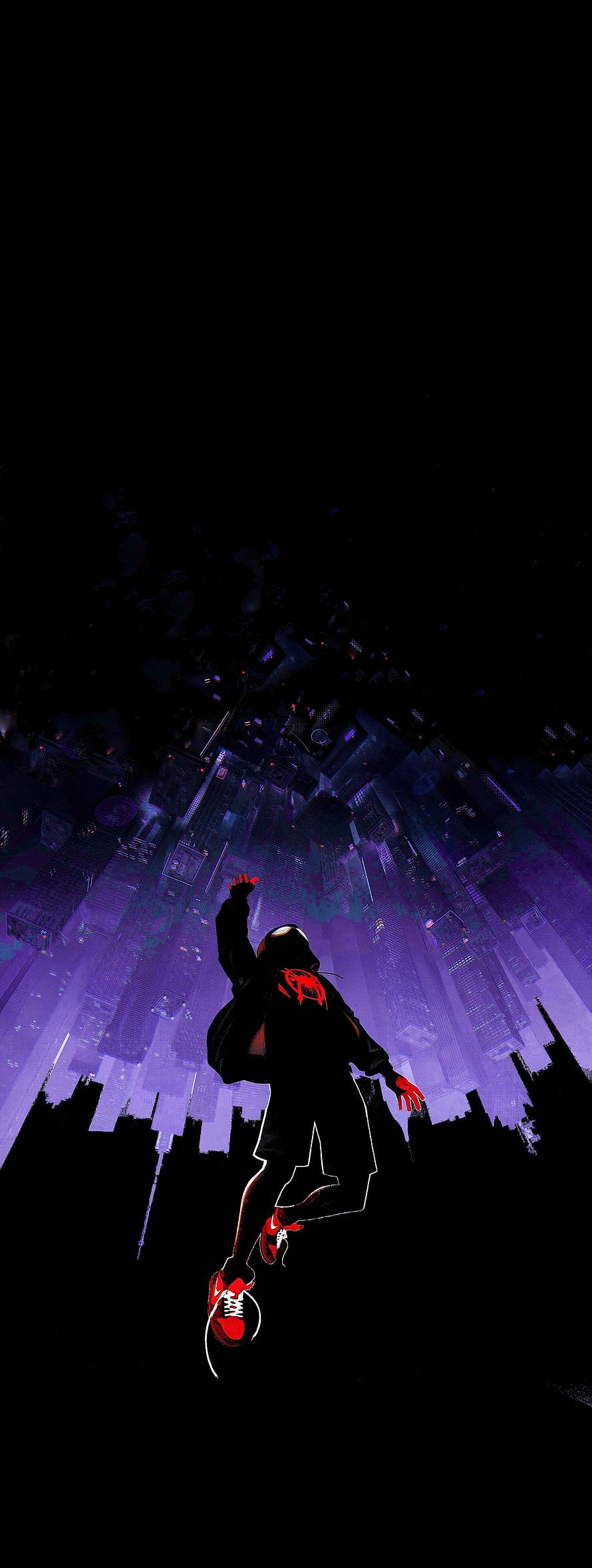 Miles Morales Spider-Man 2099 Silhouette Leaping Over Neon Cyberpunk Cityscape, Into The Spider Verse Amoled, Spiderman Amoled HD phone wallpaper