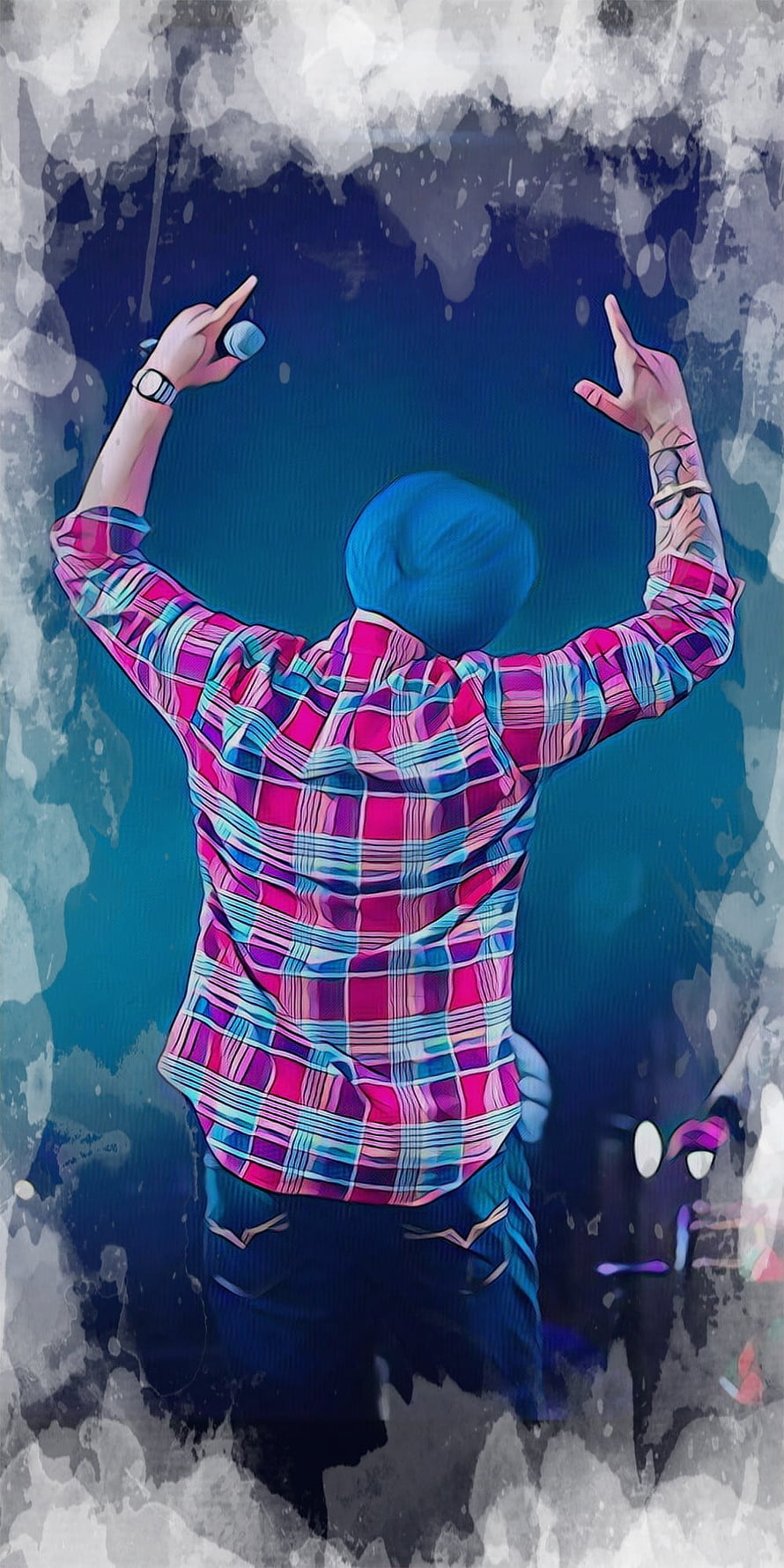 Illustration of a man in a pink plaid shirt and blue beanie performing on stage with arms raised, Sidhu Moose Wala, singer, legend, punjabi, rip HD phone wallpaper