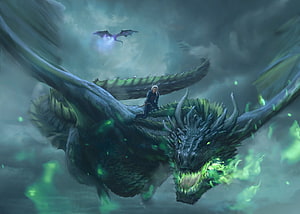 Daenerys Targaryen Riding a Dragon Through Stormy Skies in Game of Thrones Digital Art HD wallpaper