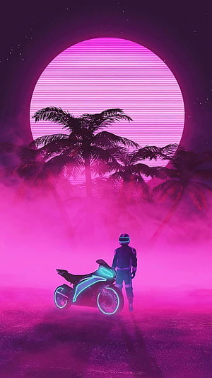 Synthwave Biker with Neon Motorcycle Under Retro Sunset and Palm Trees HD phone wallpaper