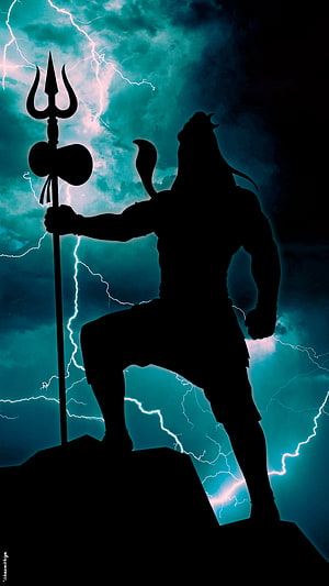 Silhouette of Lord Shiva Holding Trishul Against Lightning Storm HD phone wallpaper