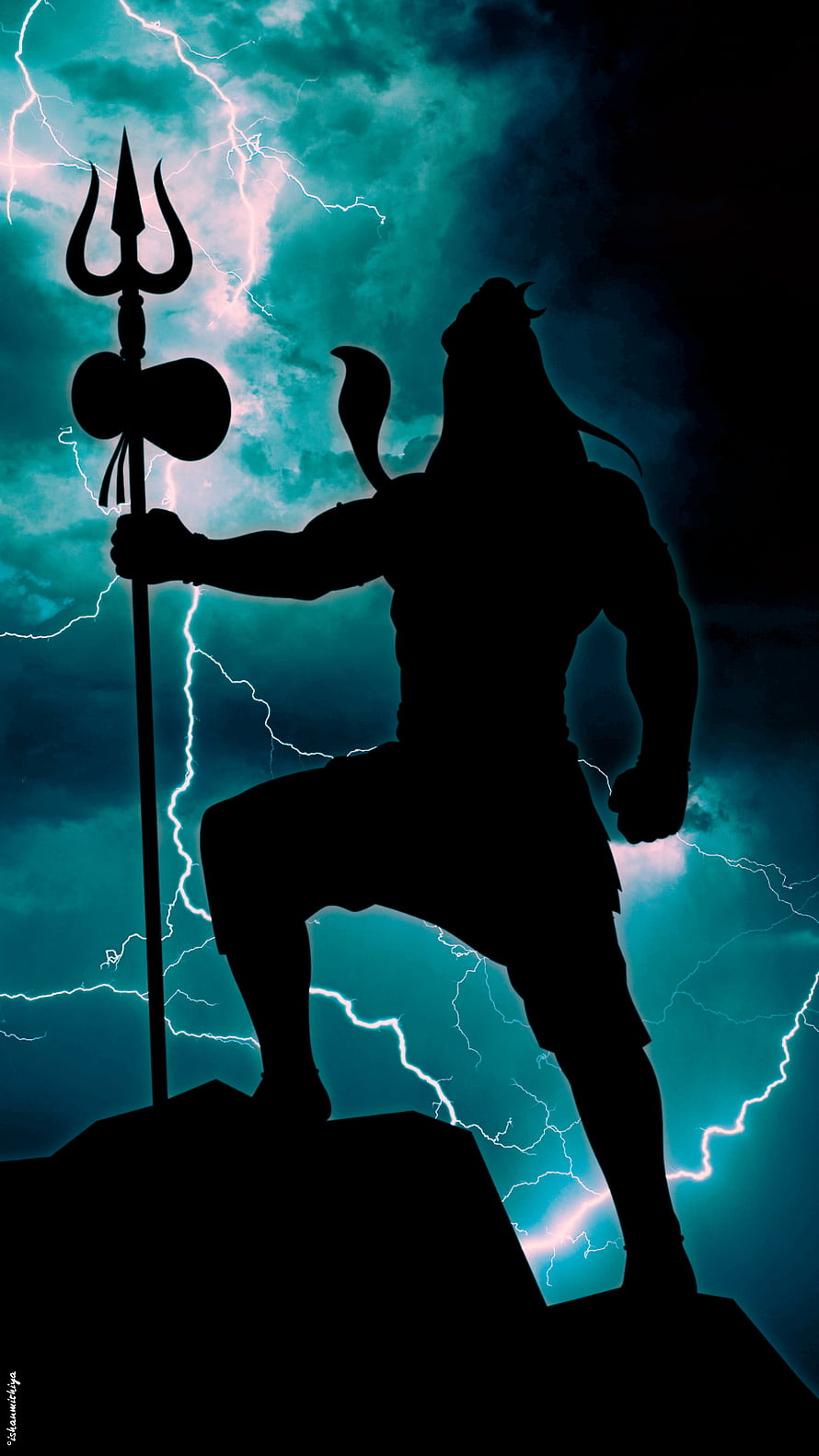 Silhouette of Lord Shiva Holding Trishul Against Lightning Storm HD phone wallpaper