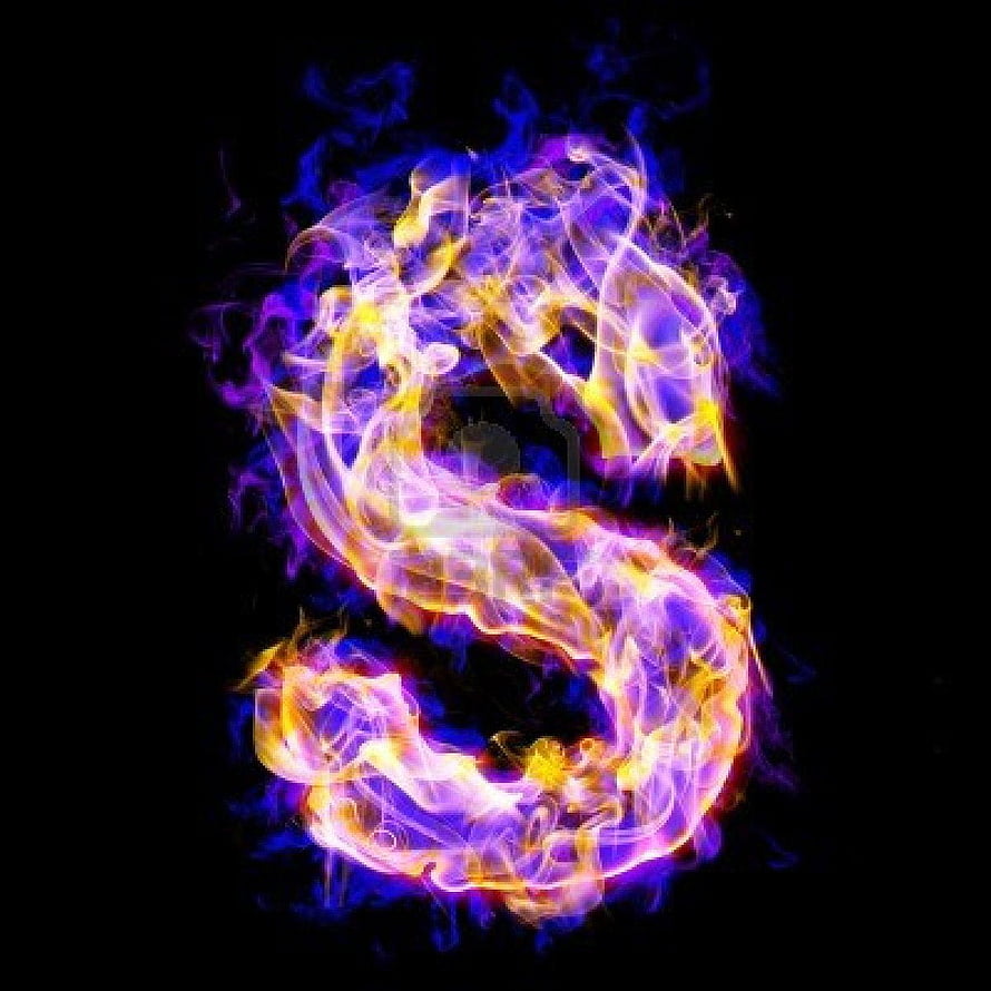 Vibrant Purple and Gold Flame Letter S on Black Background HD phone wallpaper