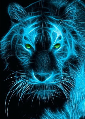 Glowing Blue Electric Tiger Portrait with Green Eyes on Black Background HD phone wallpaper