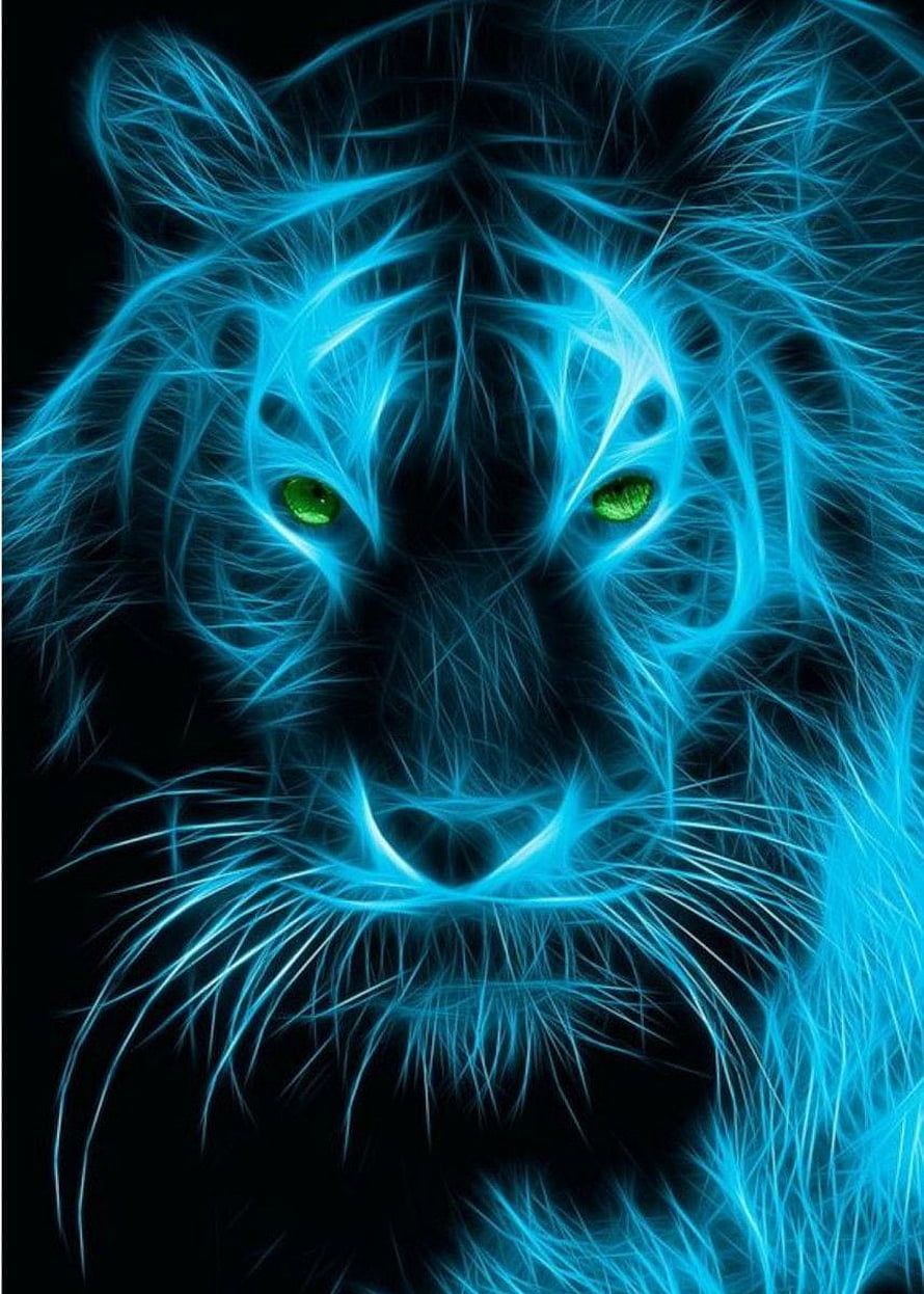 Glowing Blue Electric Tiger Portrait with Green Eyes on Black Background HD phone wallpaper