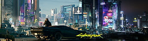 Cyberpunk 2077 futuristic cityscape with neon skyscrapers and a sleek sports car overlooking the skyline HD wallpaper