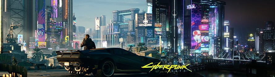 Cyberpunk 2077 futuristic cityscape with neon skyscrapers and a sleek sports car overlooking the skyline HD wallpaper