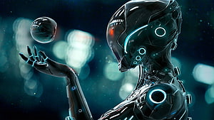 Futuristic Android Robot Holding Glowing Orb in Dark Sci-Fi Setting HD wallpaper