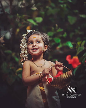 Kerala Baby Girl in Traditional Attire with Jasmine Garland and Brass Basket HD phone wallpaper