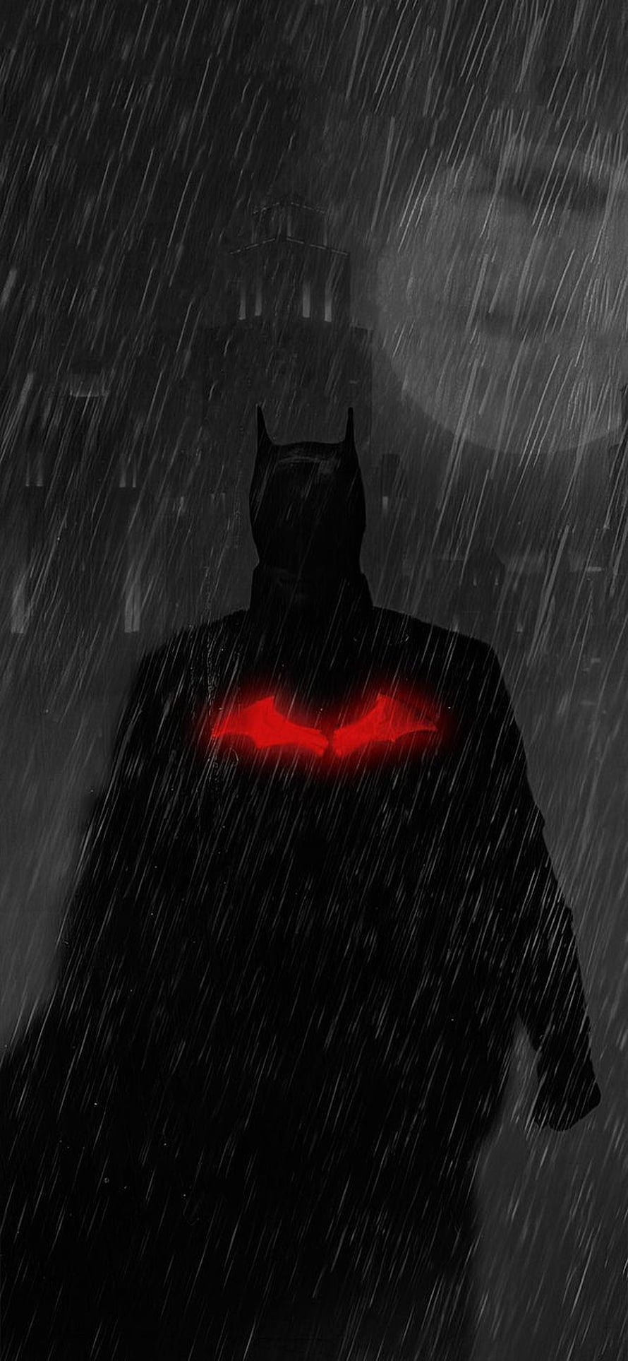 Batman Silhouette with Glowing Red Emblem in Heavy Rain, Couple Of I Made After Wanting A The Batman But Not Wanting An Intense Red Color! : R Thebatman, The Batman HD phone wallpaper