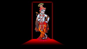 Lord Krishna in Traditional Attire Standing on Lotus with Red Glow HD wallpaper