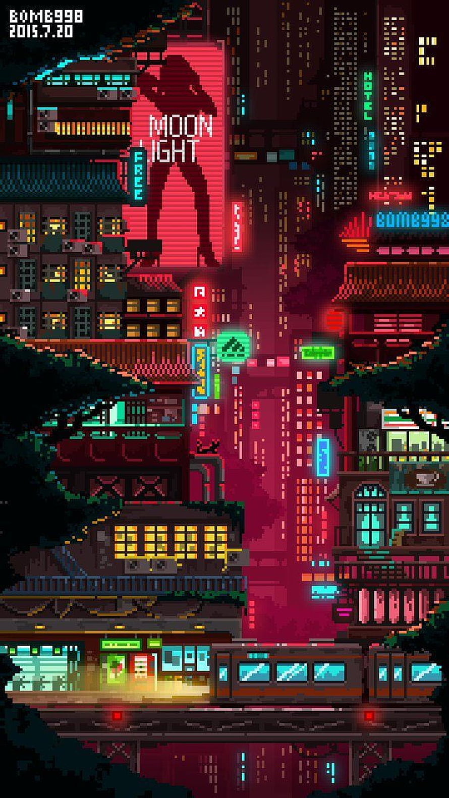 Pixel Art Cyberpunk Cityscape with Neon Signs and Train HD phone wallpaper