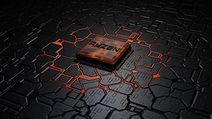 AMD Ryzen 9 Processor on Dark Circuit Board with Glowing Orange Traces HD wallpaper