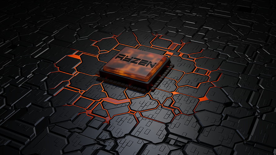 AMD Ryzen 9 Processor on Dark Circuit Board with Glowing Orange Traces HD wallpaper