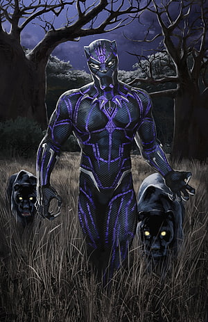 Black Panther in Purple Vibranium Suit Flanked by Two Black Panthers in a Moonlit Forest HD phone wallpaper