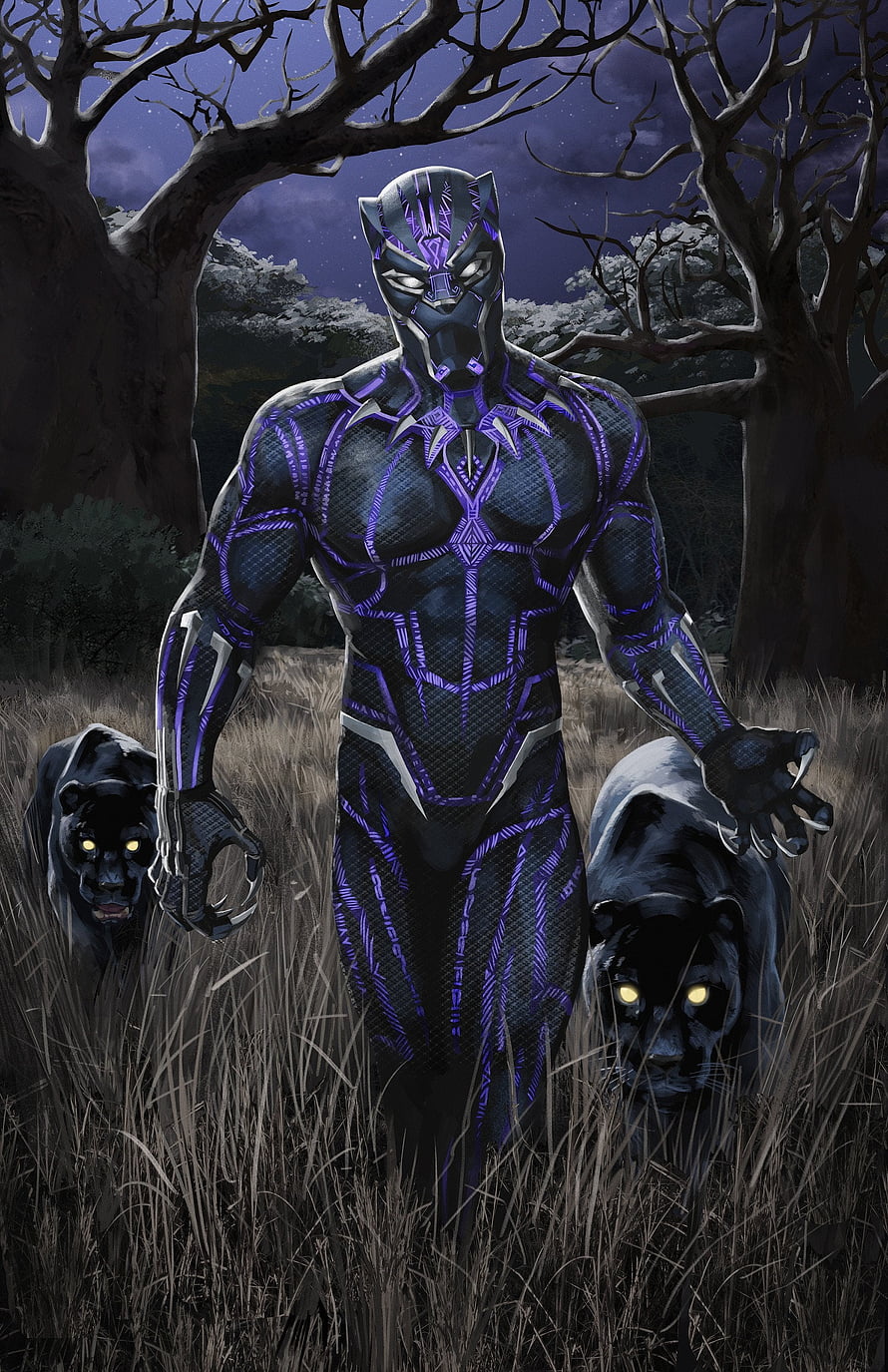 Black Panther in Purple Vibranium Suit Flanked by Two Black Panthers in a Moonlit Forest HD phone wallpaper