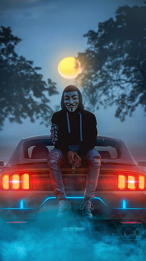 Guy Fawkes Mask Figure Sitting on Sports Car Trunk at Dusk with Neon Underglow HD phone wallpaper