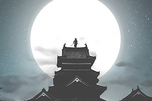Silhouette of a Samurai Warrior Standing on a Traditional Japanese Castle Tower Under a Full Moon HD wallpaper
