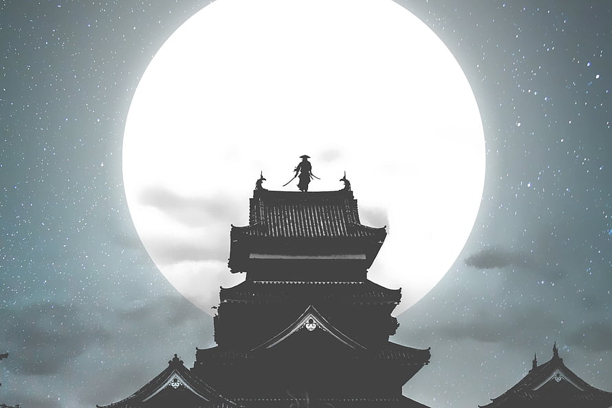 Silhouette of a Samurai Warrior Standing on a Traditional Japanese Castle Tower Under a Full Moon HD wallpaper