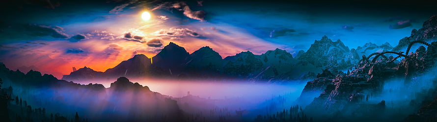 Fantasy Mountain Landscape at Sunset with Misty Valleys and Ancient Ruins HD wallpaper