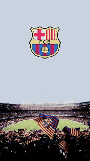 FC Barcelona Stadium Atmosphere With Fans Waving Flags And Crest Logo HD phone wallpaper