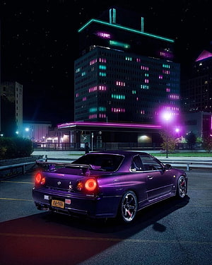 Purple Nissan Skyline GT-R R34 in a Neon-Lit Night Cityscape HD phone wallpaper