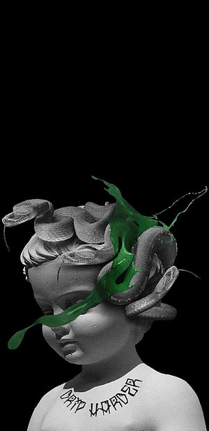 Medusa Statue With Green Liquid Splash And Snakes On Black Background HD phone wallpaper
