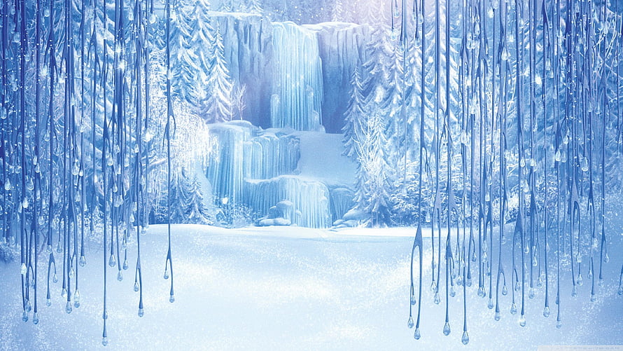 Magical Frozen Waterfall Landscape With Icicles And Snowy Pine Forest HD wallpaper