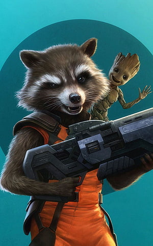 Rocket Raccoon and Baby Groot from Guardians of the Galaxy in Cinematic Digital Art HD phone wallpaper