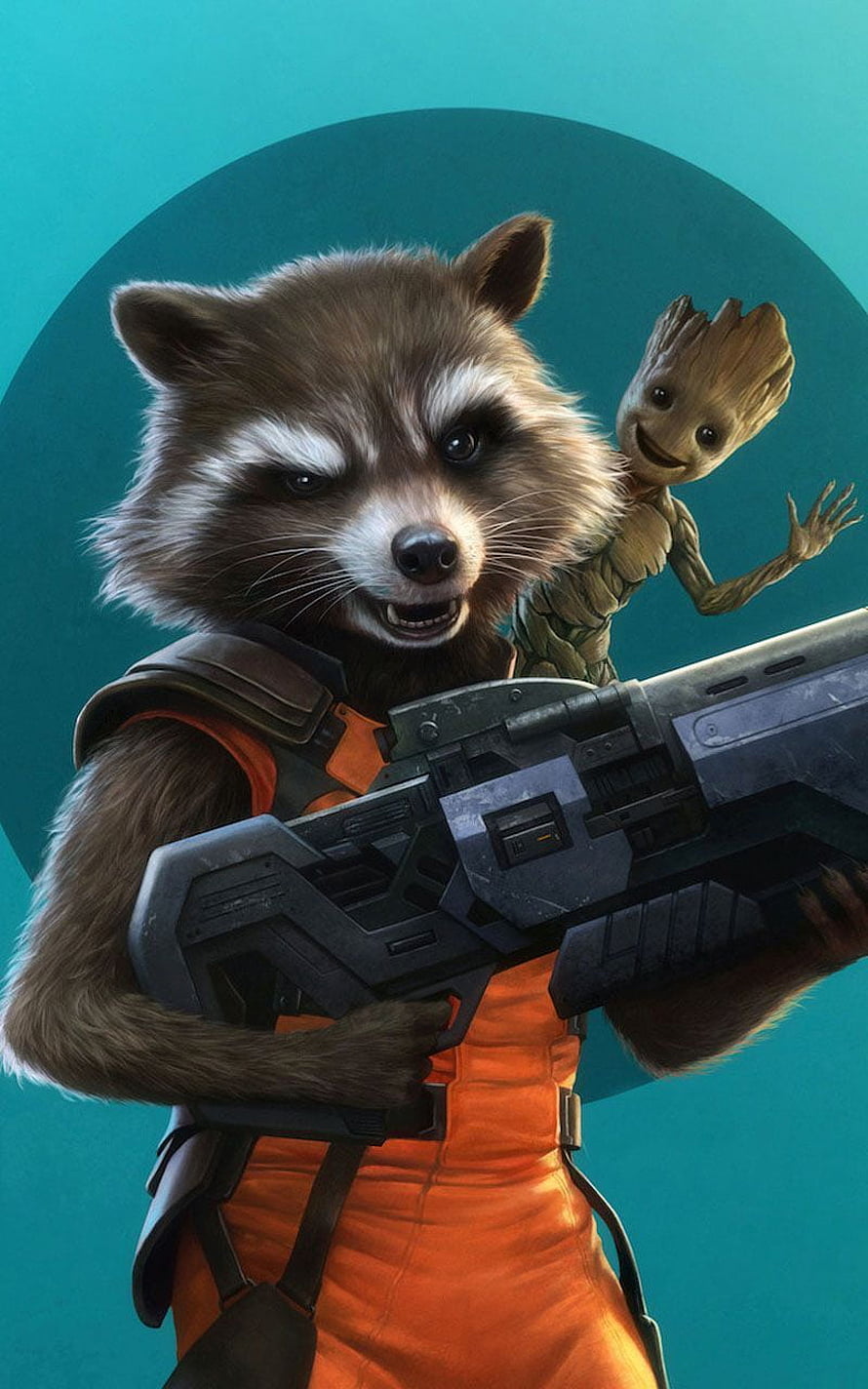 Rocket Raccoon and Baby Groot from Guardians of the Galaxy in Cinematic Digital Art HD phone wallpaper