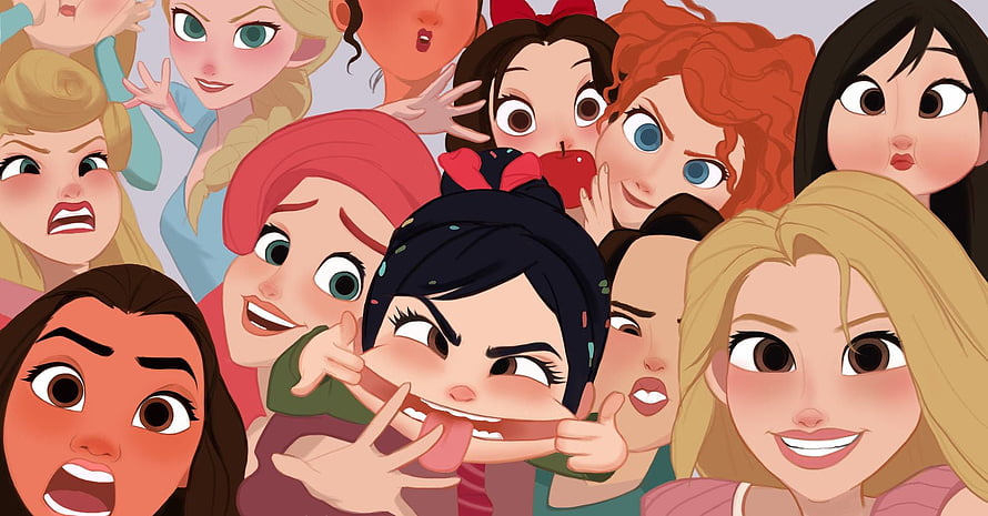 Playful Disney Princess Group Portrait with Expressive Faces and Vibrant Colors HD wallpaper