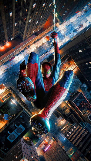 Spider-Man swinging through a neon-lit city at night in his red and blue suit, The Amazing Spider Man , Spider Man Amazing HD phone wallpaper