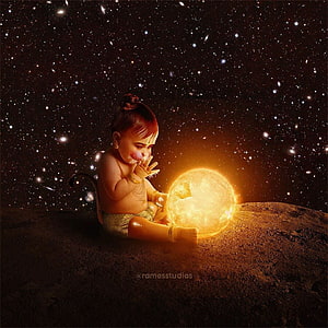 Baby Hanuman Savoring a Glowing Planet in a Star-Filled Cosmic Landscape, 9,342 Likes, 102 Comments - Rames Harikrishnasamy on Instagram: “#conceptart: “Yums!! But th. Bal hanuman, Lord hanuman , Hanuman, Baby Hanuman HD phone wallpaper