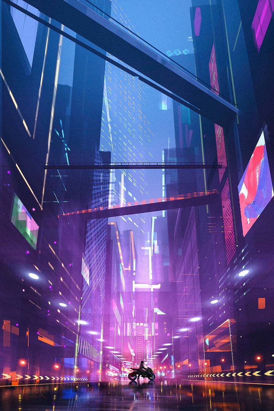 Neon-Lit Cyberpunk Cityscape with Motorcycle Rider on Rainy Street HD phone wallpaper