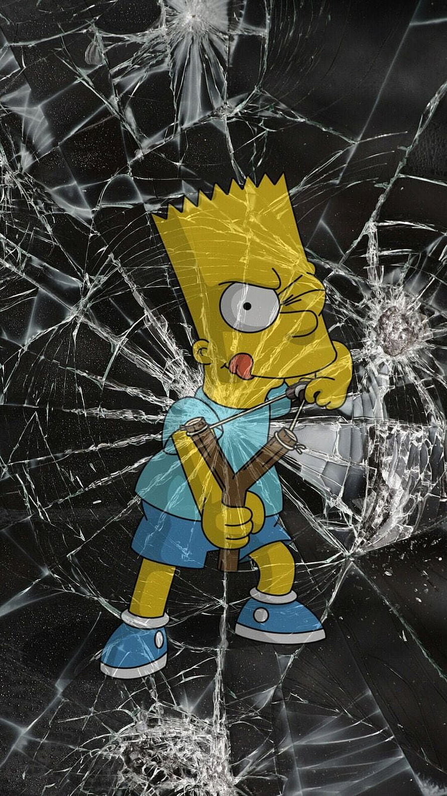 Bart Simpson Holding Slingshot Behind Shattered Glass Background HD phone wallpaper