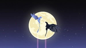 Toothless and Light Fury Silhouetted Against a Glowing Full Moon in a Starry Night Sky HD wallpaper