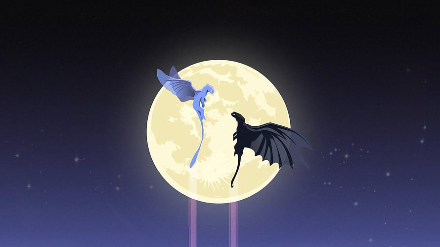 Toothless and Light Fury Silhouetted Against a Glowing Full Moon in a Starry Night Sky HD wallpaper