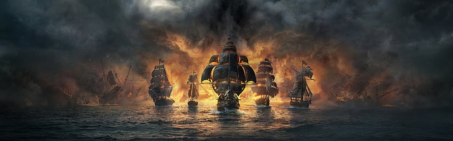 Skull and Bones Pirate Fleet Battle Amidst Burning Ships and Dark Stormy Ocean HD wallpaper