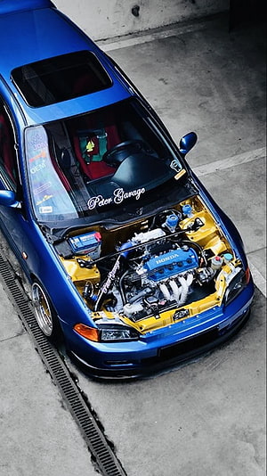 Blue Honda Civic with Open Hood Showing Engine Bay and Yellow Fenders HD phone wallpaper