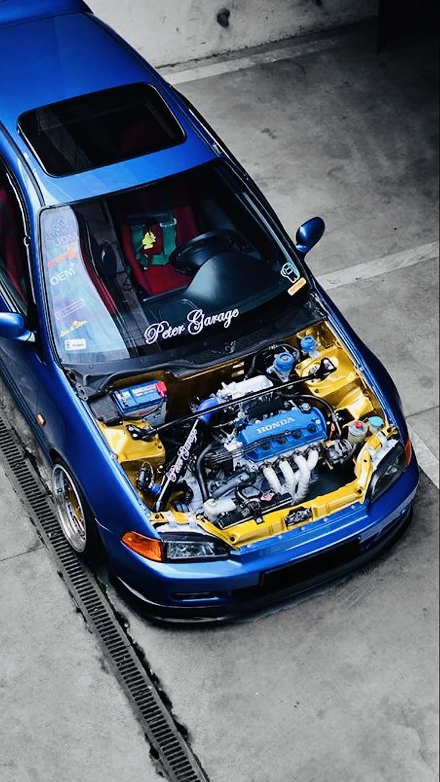 Blue Honda Civic with Open Hood Showing Engine Bay and Yellow Fenders HD phone wallpaper