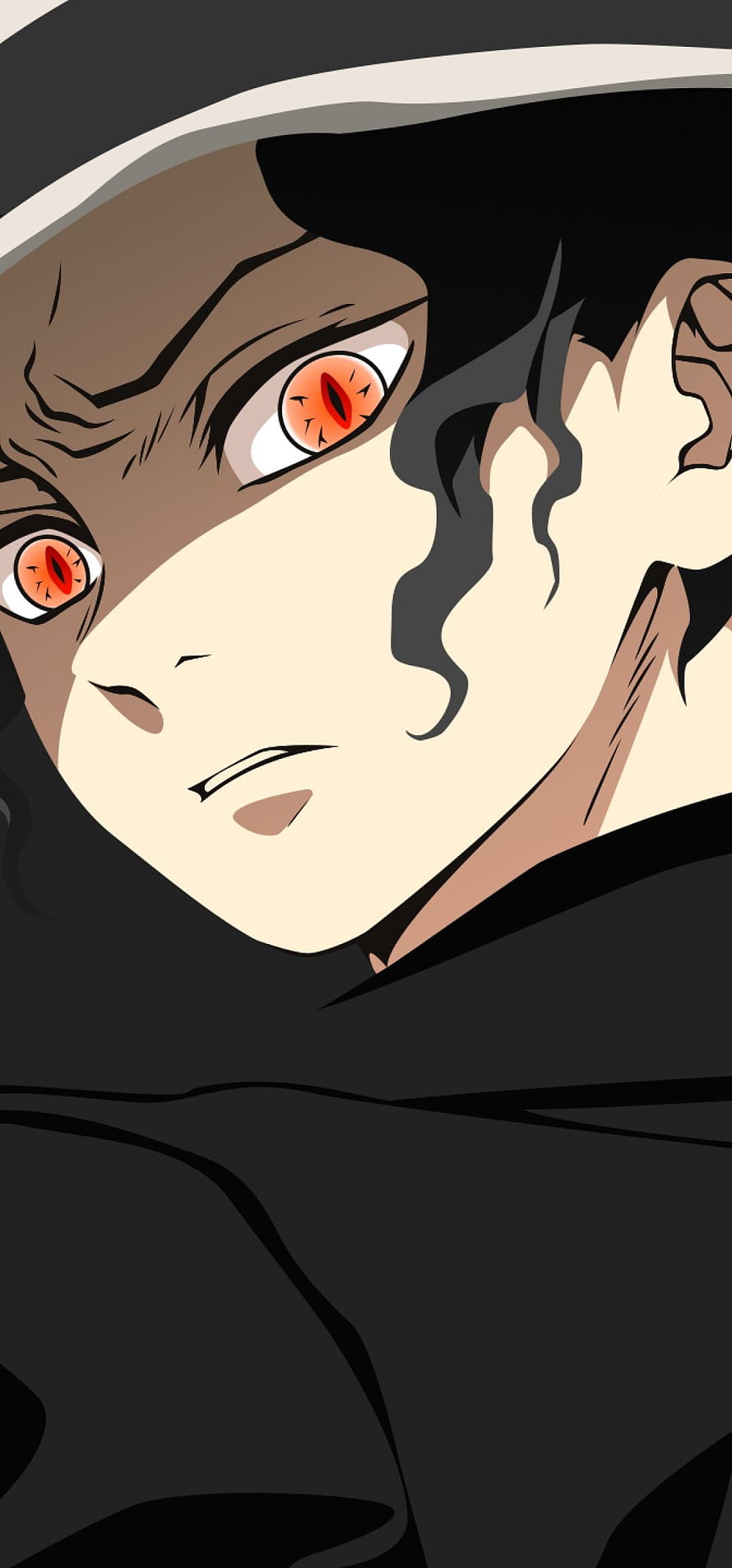 Muzan Kibutsuji Close-Up Portrait with Red Eyes and Dark Hooded Attire HD phone wallpaper