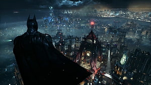 Batman Arkham Knight overlooking the dark city skyline at night, Batman Arkham Knight Live, Batman Arkham City HD wallpaper