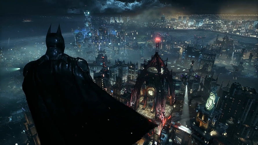 Batman Arkham Knight overlooking the dark city skyline at night, Batman Arkham Knight Live, Batman Arkham City HD wallpaper