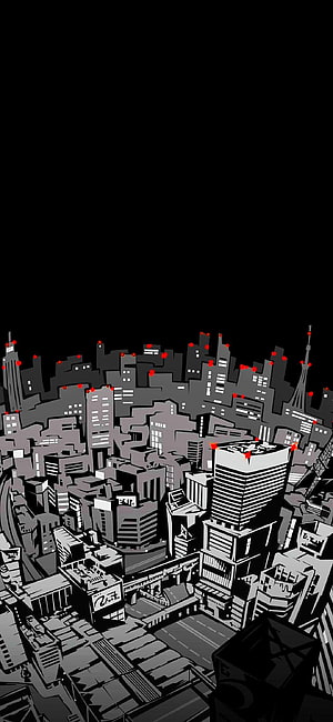 Persona 5 Minimalist Cityscape with Red Accents on Black Background HD phone wallpaper