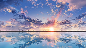 Serene Sunset Over Calm Water With City Skyline Reflection And Colorful Clouds HD wallpaper