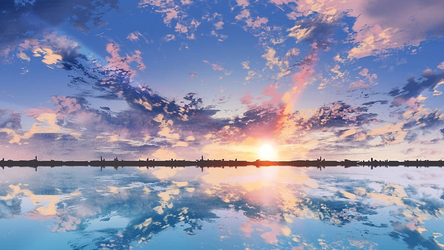 Serene Sunset Over Calm Water With City Skyline Reflection And Colorful Clouds HD wallpaper
