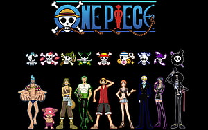 One Piece Straw Hat Pirates Full Crew Lineup with Jolly Roger Logos on Black Background HD wallpaper